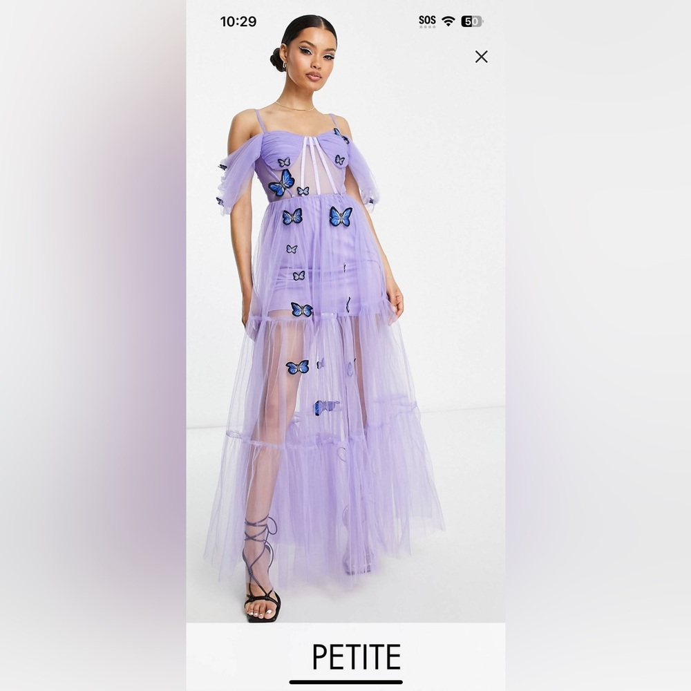 Lace & Beads Petite sheer corset 3D embroidered dress in lilac